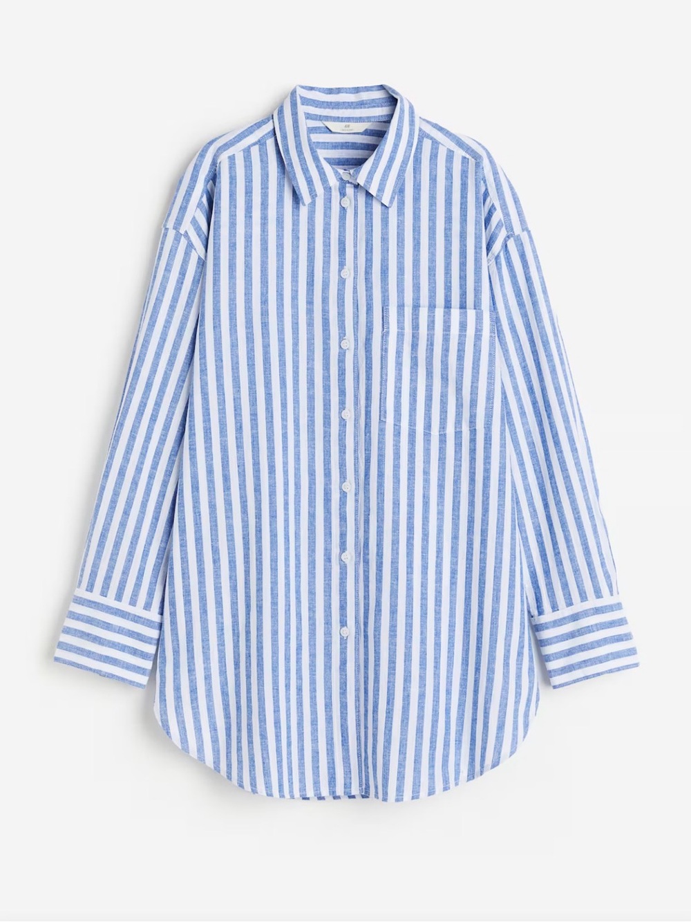 H&M Women’s Linen Blend Striped Button-Up Shirt in Light Blue and White